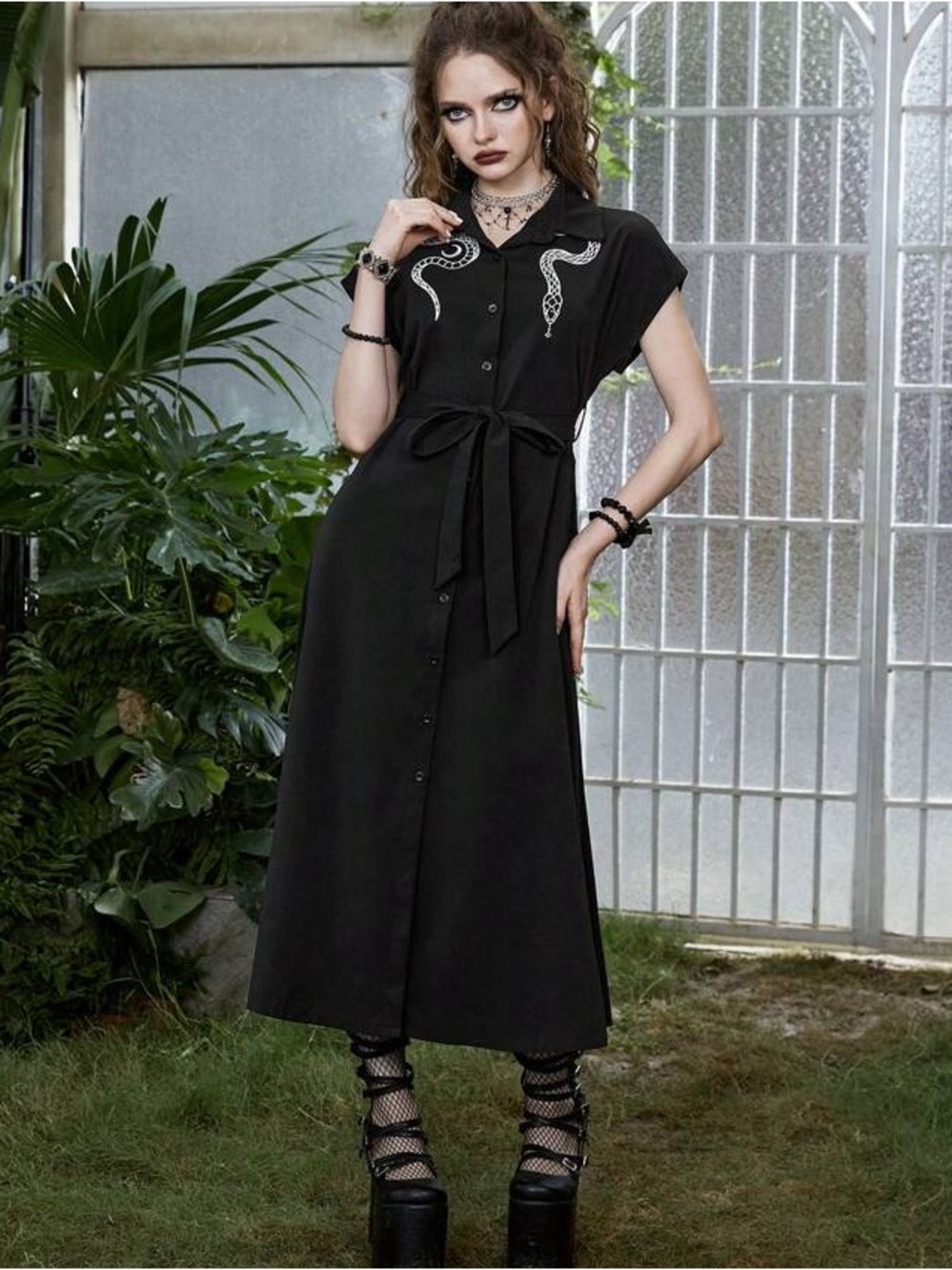 ROMWE Goth Dress Snake Print Belted Black S Small New
